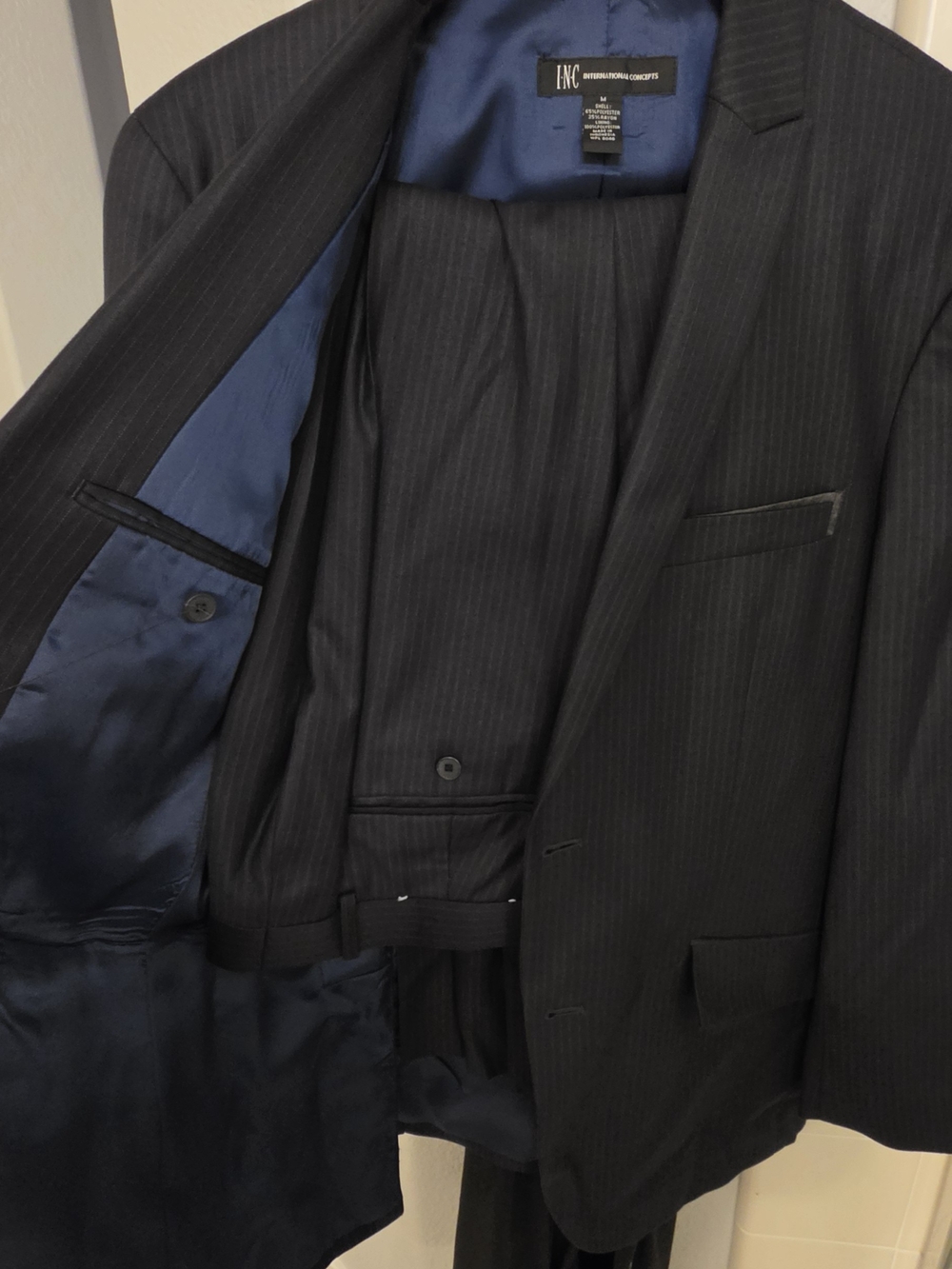 INC International Concepts Black Pinstripe Suit Jacket with Navy Lining
